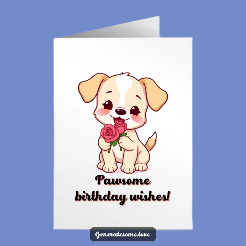 Free Printable Birthday Card: Playful Puppy with Rose, Perfect Downloadable Gift