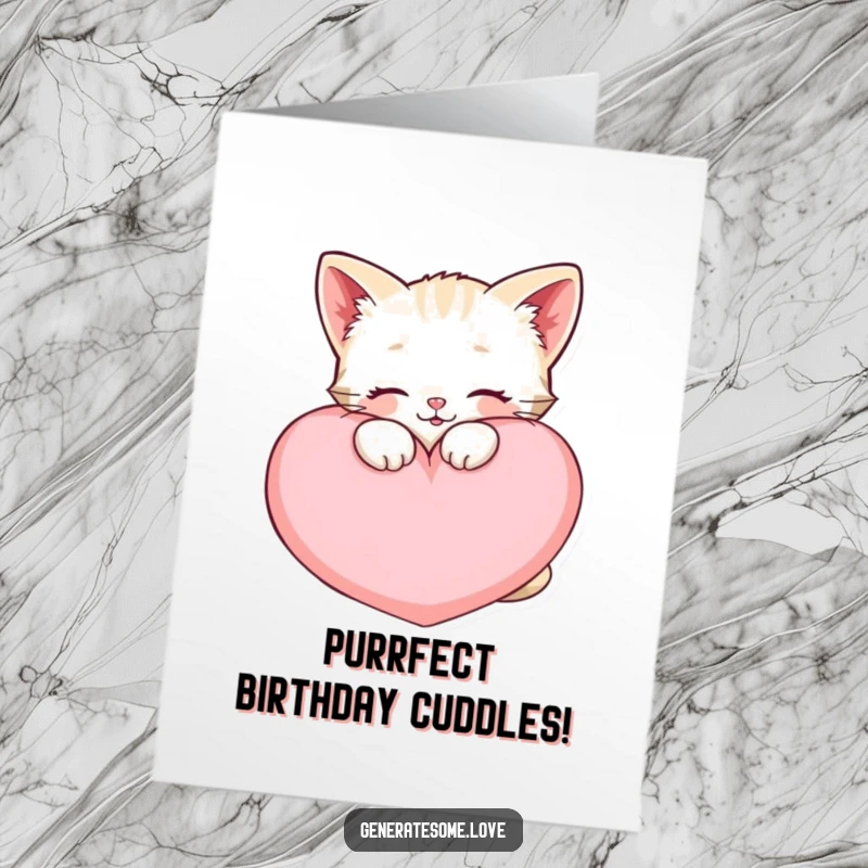 Funny Free Printable Birthday Card: A happy kawaii kitten character snuggling closely with a large, soft heart-shaped cushion.