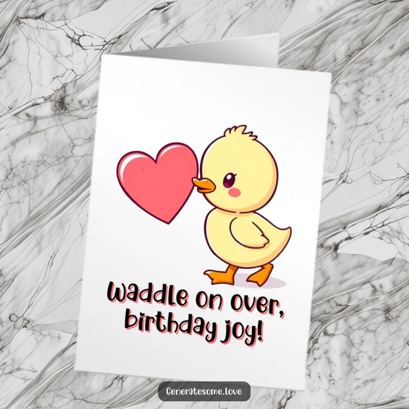 Cute Free Printable Birthday Card: A kawaii duckling character waddling adorably towards a big red heart, full of anticipation.