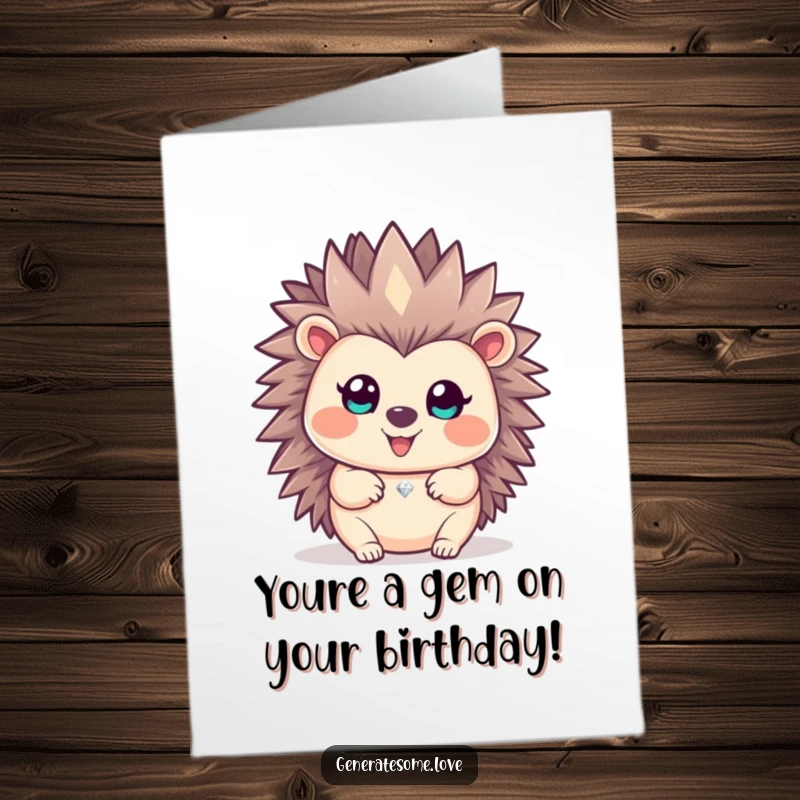 Funny Free Printable Birthday Card: Happy hedgehog proudly presents a tiny, sparkling gem, offering a precious and humorous birthday wish.