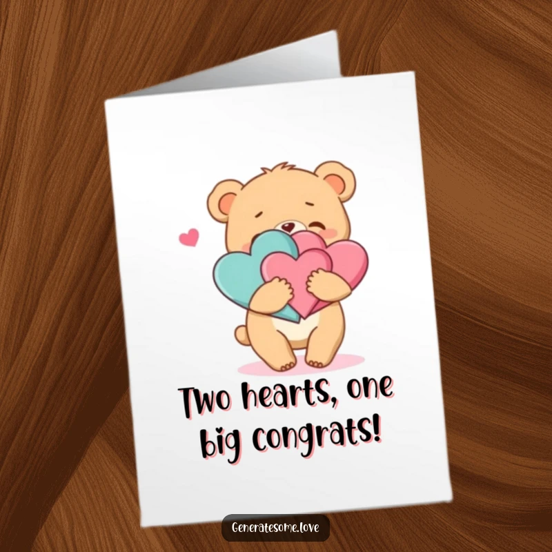 Funny Free Printable Bear Hug Congratulations Card: Bear cub embracing hearts, perfect for any achievement, print at home.