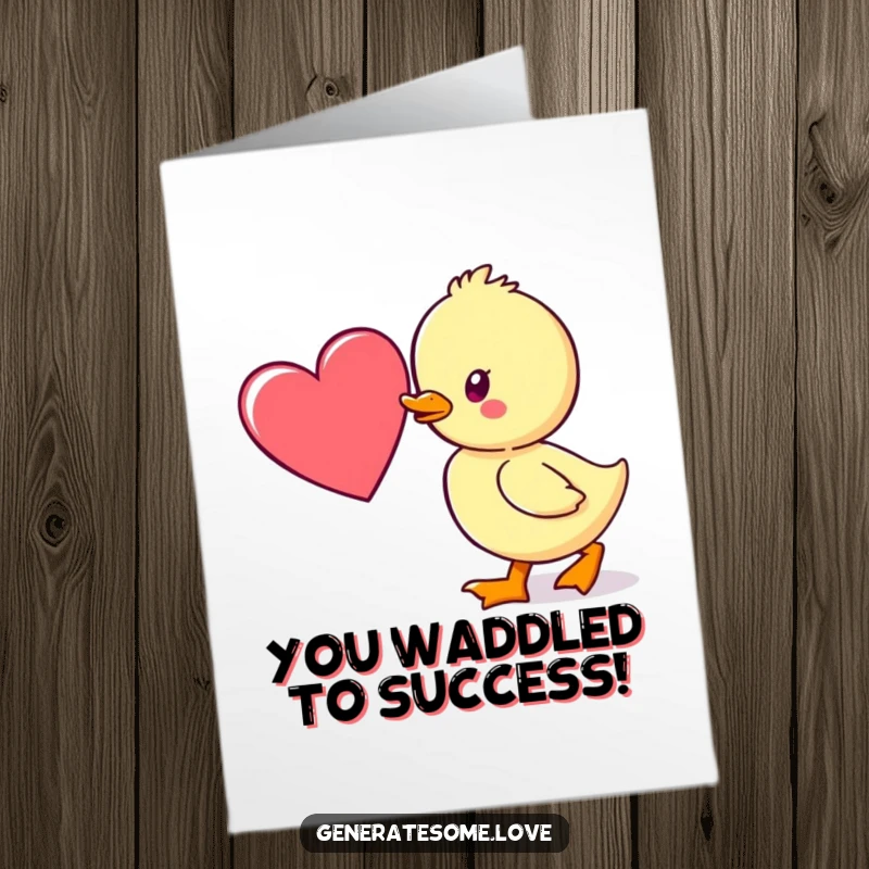 Cute Free Printable Congratulations Card: A tiny kawaii duckling character waddling enthusiastically towards a large heart symbol.