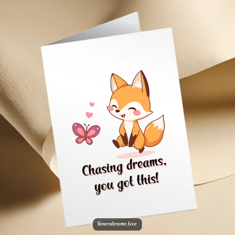 Funny Free Printable Congratulations Card: A happy kawaii fox in pursuit of a beautiful heart-shaped butterfly, symbolizing sweet victory.