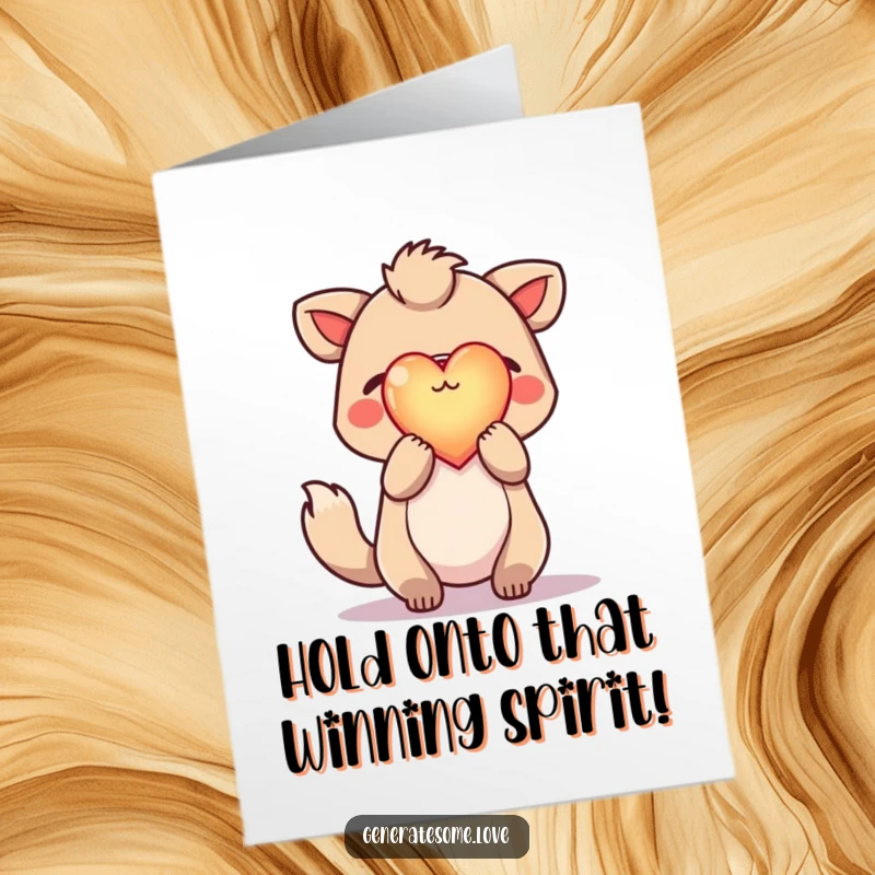 Funny Free Printable Congrats Card: Hopeful animal proudly holding a radiant glowing heart, symbolizing achievement.