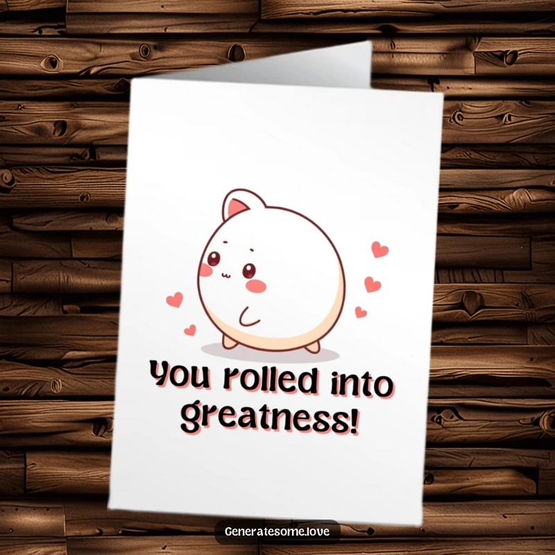 Funny Free Printable Congratulations Card with a round, endearing animal rolling and scattering tiny hearts in celebration.