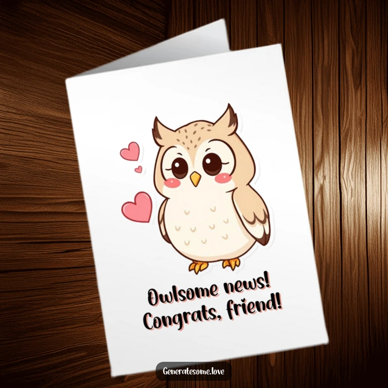 Free Printable Congratulations Card: A curious owl hoots near a hovering heart, celebrating a wonderful accomplishment.
