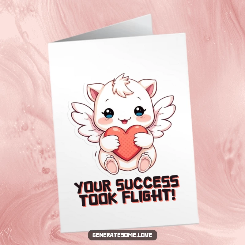Free Printable Congratulations Card: Creature with soft wings flutters around a heart, celebrating success with gentle, loving energy.