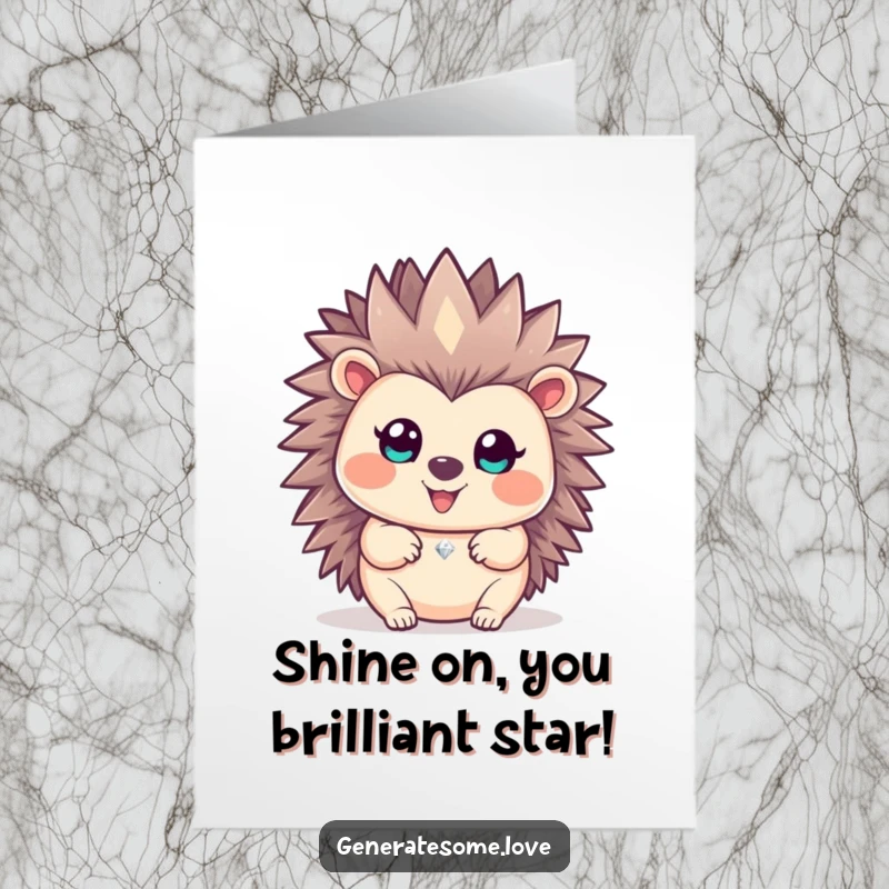 Funny Free Printable Congratulations Card: Happy hedgehog offers a tiny, sparkling gem, representing a brilliant achievement with a cute, funny twist.