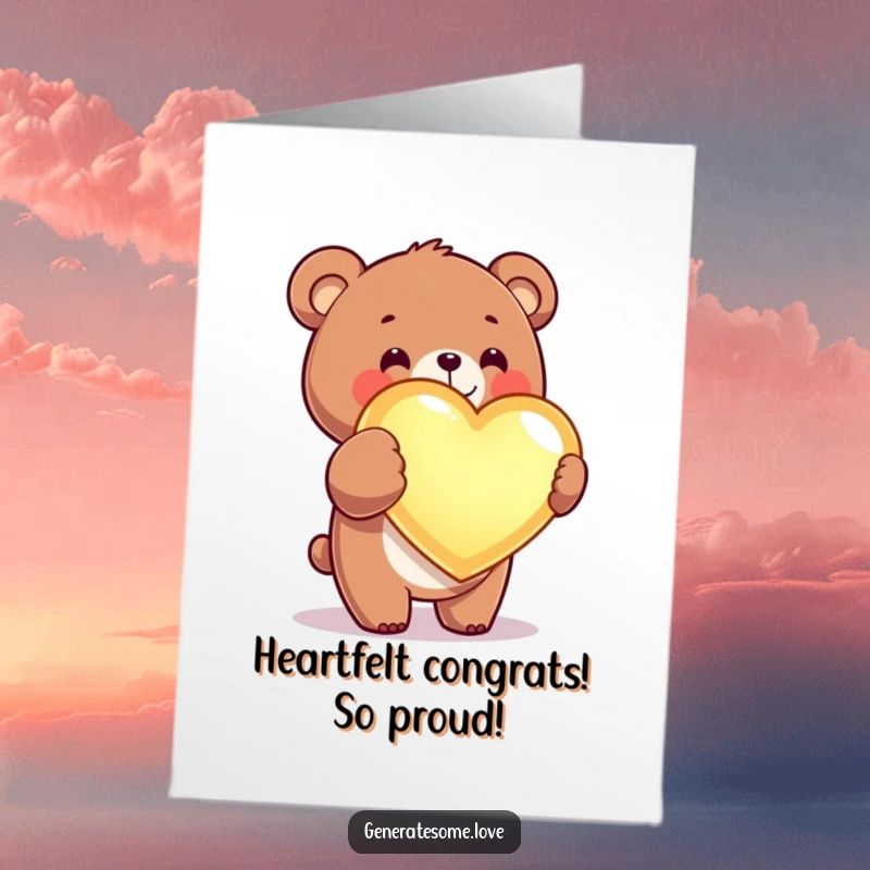 Funny Free Printable Congratulations Card: Kawaii bear presents a giant glowing heart, celebrating major accomplishments.