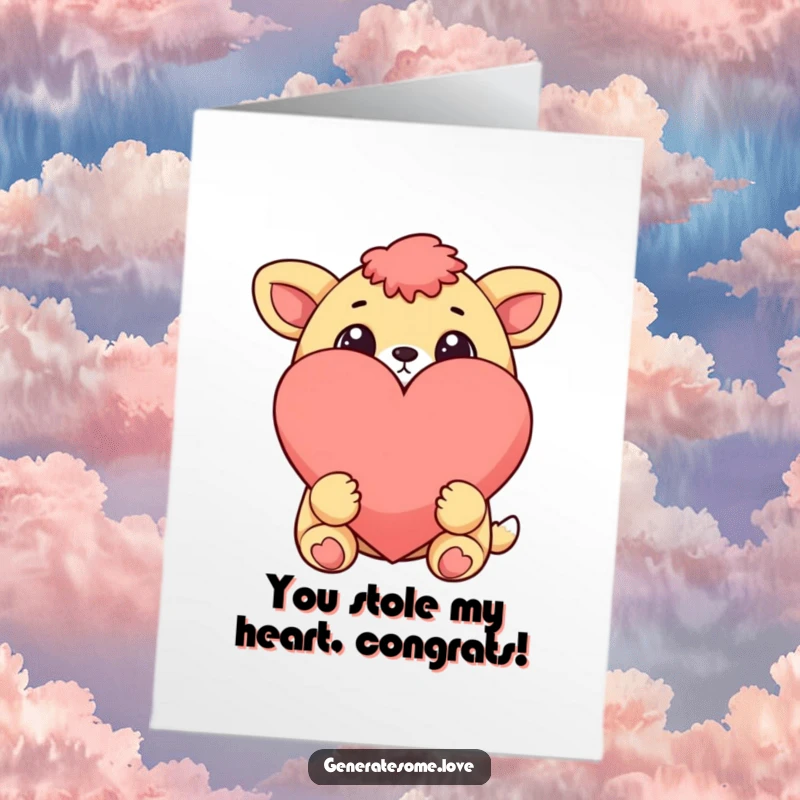 Funny Free Printable Congratulations Card: A cheerful animal character with wide eyes looks in adoration at a large, symbolic heart.