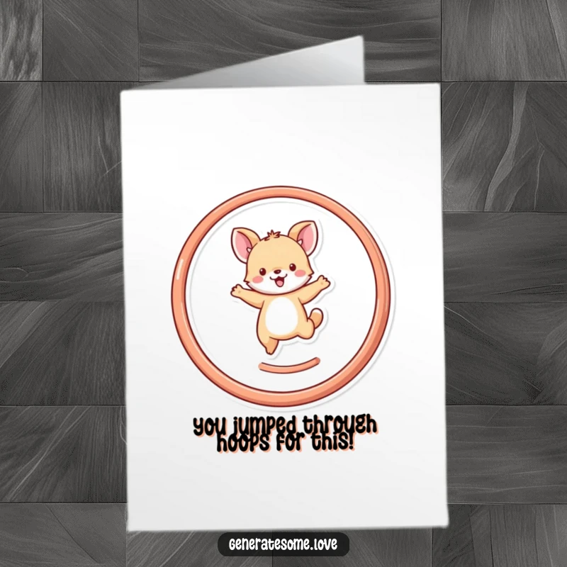 Funny Free Printable Congratulations Card: A petite animal leaps with delight through a heart-shaped hoop, signifying success.