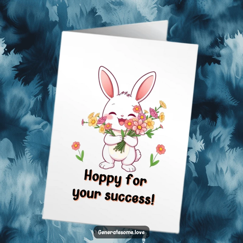 Funny Free Printable Congrats Card: A happy bunny joyfully presenting a vibrant bouquet of flowers for congratulations.