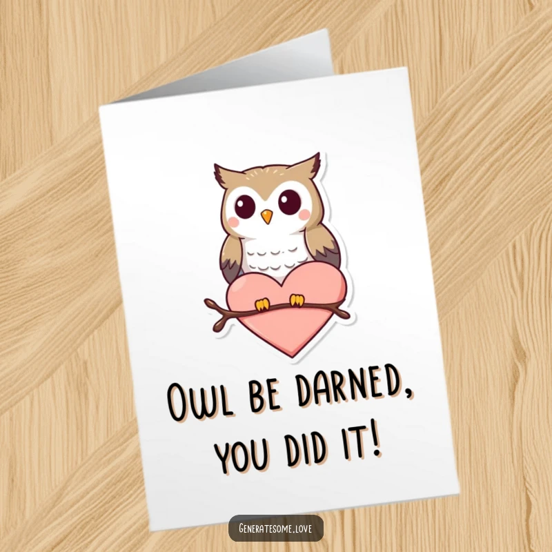 Funny Free Printable Congratulations Card: A happy owl character perches on a heart, celebrating success with warmth.