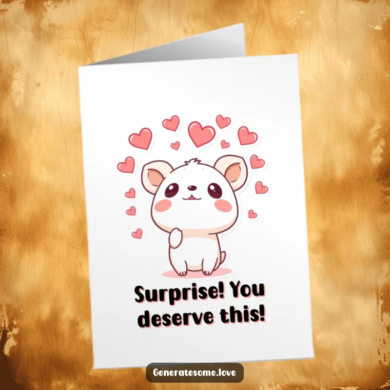 Funny Free Printable Congrats Card: Surprised animal looking up, receiving a delightful rain of hearts.