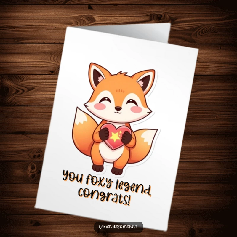 Funny Free Printable Congrats Card: A happy fox joyfully gifting a sparkly heart to celebrate an achievement.