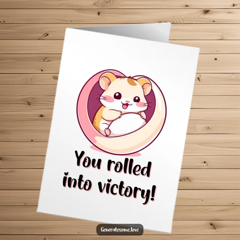 Funny Free Printable Congratulations Card: A kawaii hamster comically rolling inside a heart-shaped ball, showing pure joy and motion.