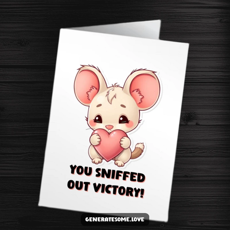 Free Printable Congratulations Card: Creature with big ears curiously sniffs a heart, discovering and celebrating success with intrigue.