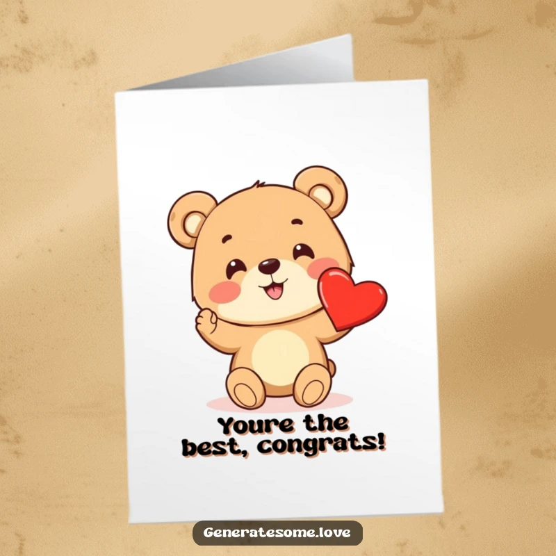 Funny Free Printable Congratulations Card: Cute bear cub enthusiastically presenting a bright red heart, celebrating success.