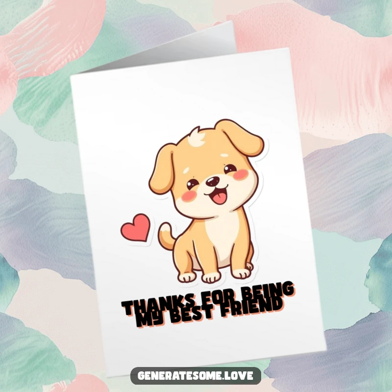 Funny Free Printable Thank You Card: Happy dog character wags its tail with a heart nearby, conveying heartfelt thanks with a smile.