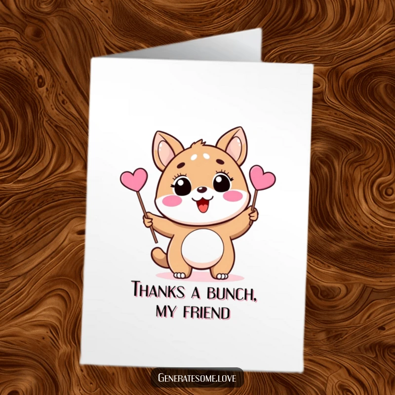 Funny Free Printable Thank You Card showcasing a happy animal character waving a small pink heart flag, expressing sincere appreciation with humor.