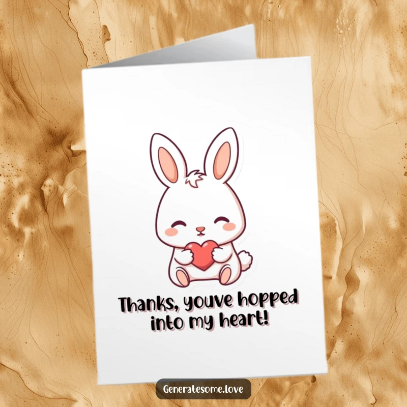 Funny Free Printable Thank You Card: A darling bunny nudging a tiny heart forward with its nose, conveying thanks.
