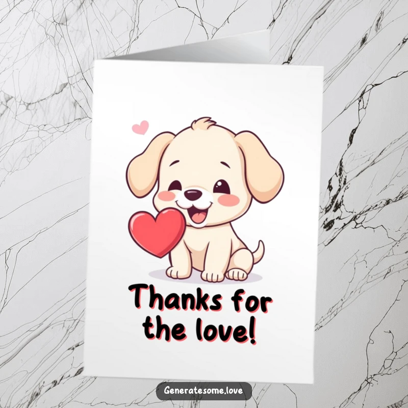 Funny Free Printable Thank You Card with a cute puppy attempting to catch a floating heart, conveying gratitude.