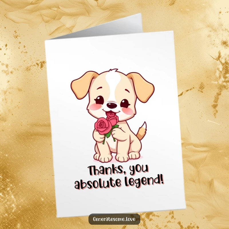 Funny Free Printable Thank You Card: A sweet puppy wagging its tail while holding a delicate rose.