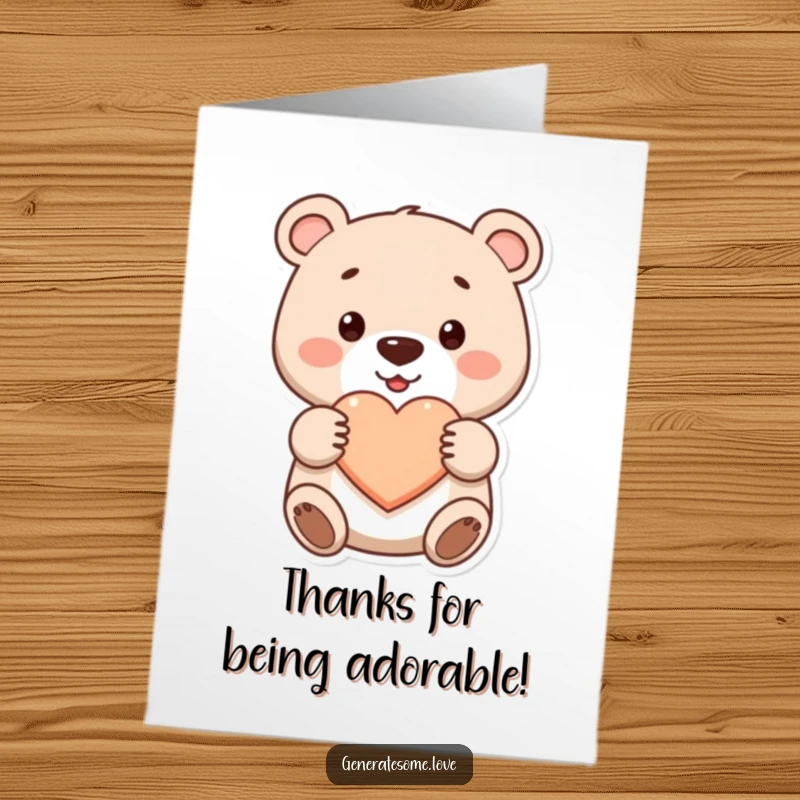 Funny Free Printable Thank You Card: A cute, smiling bear presenting a red heart as a token of appreciation.