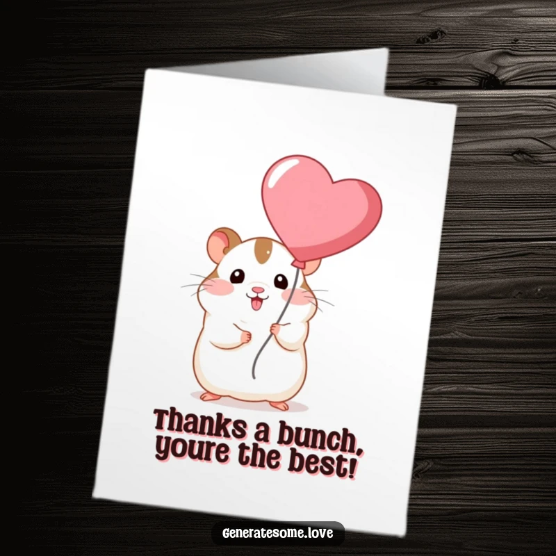 Funny Free Printable Thank You Card: Chubby hamster holds a heart balloon, offering a cute and humorous expression of gratitude.