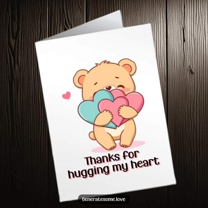 Funny Free Printable Bear Thank You Card: Bear cub hugging hearts, expressing thanks, print at home card.