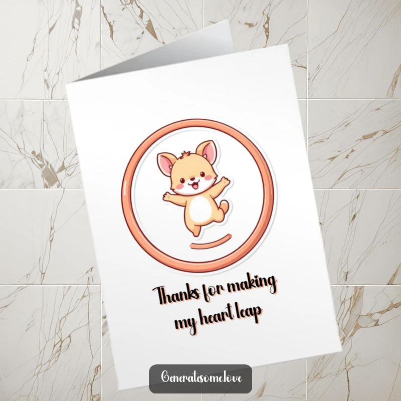 Funny Free Printable Thank You Card: Tiny animal character performs a joyful leap through a heart-shaped hoop, showing appreciation.