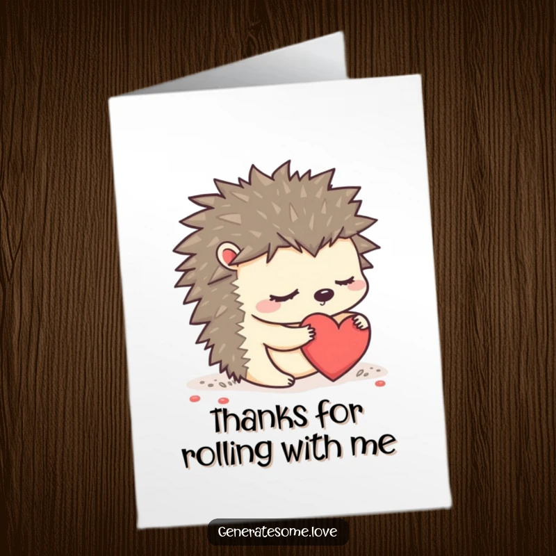 Funny Free Printable Thank You Card: Sleepy hedgehog rolling a heart to express sincere gratitude, a sweet downloadable gift.