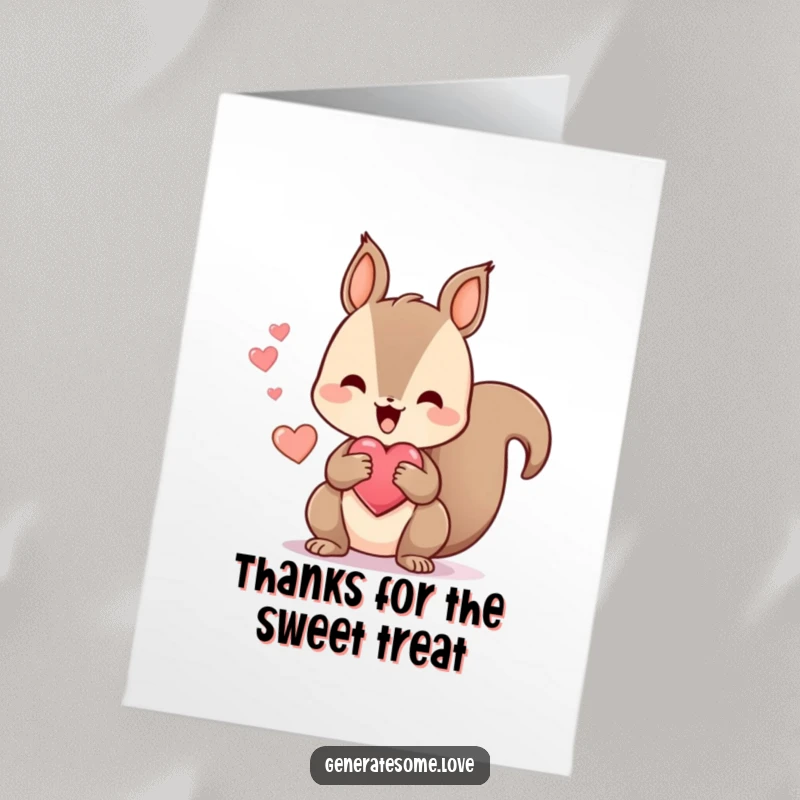 Cute Free Printable Thank You Card: A happy kawaii squirrel chattering joyfully while holding a heart treat, conveying thanks.