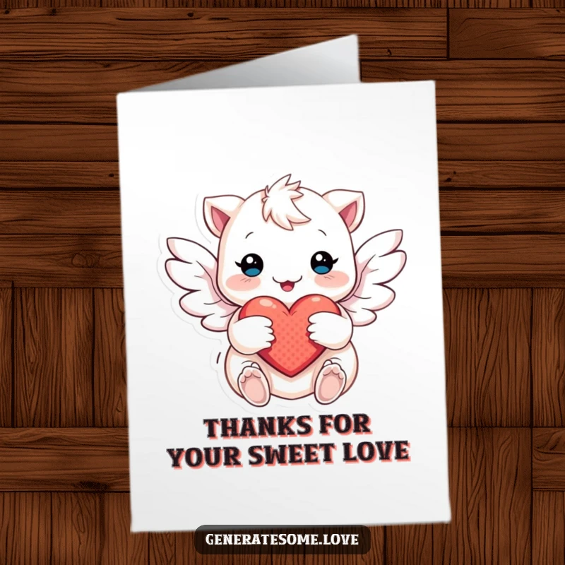 Free Printable Thank You Card: Creature with soft wings delicately flutters around a heart, expressing sincere and tender gratitude.
