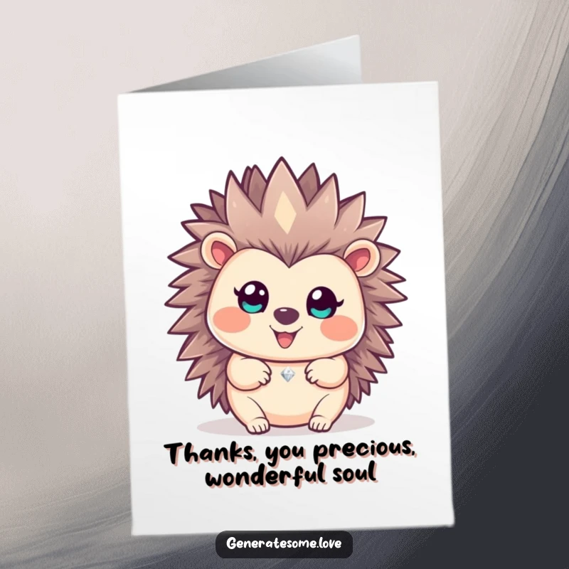 Funny Free Printable Thank You Card: Happy hedgehog holds out a tiny, sparkling gem, offering a cute and humorous token of appreciation.