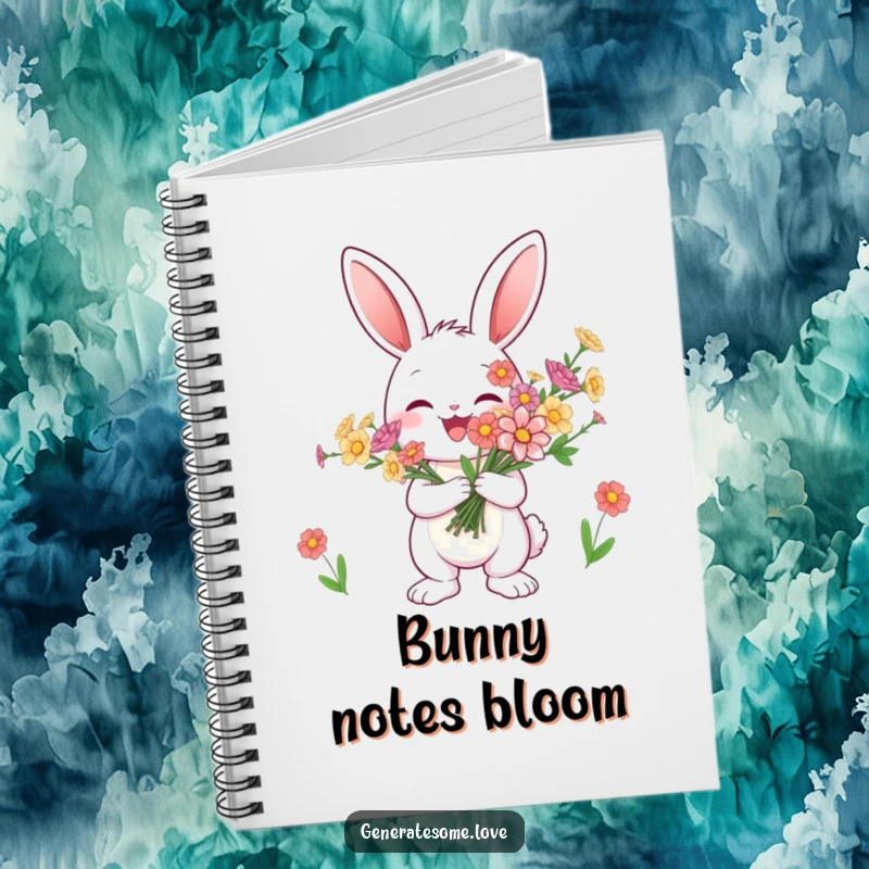 Funny bunny notebook joyfully holding a bouquet of flowers, perfect for writing and drawing, a cute gift.