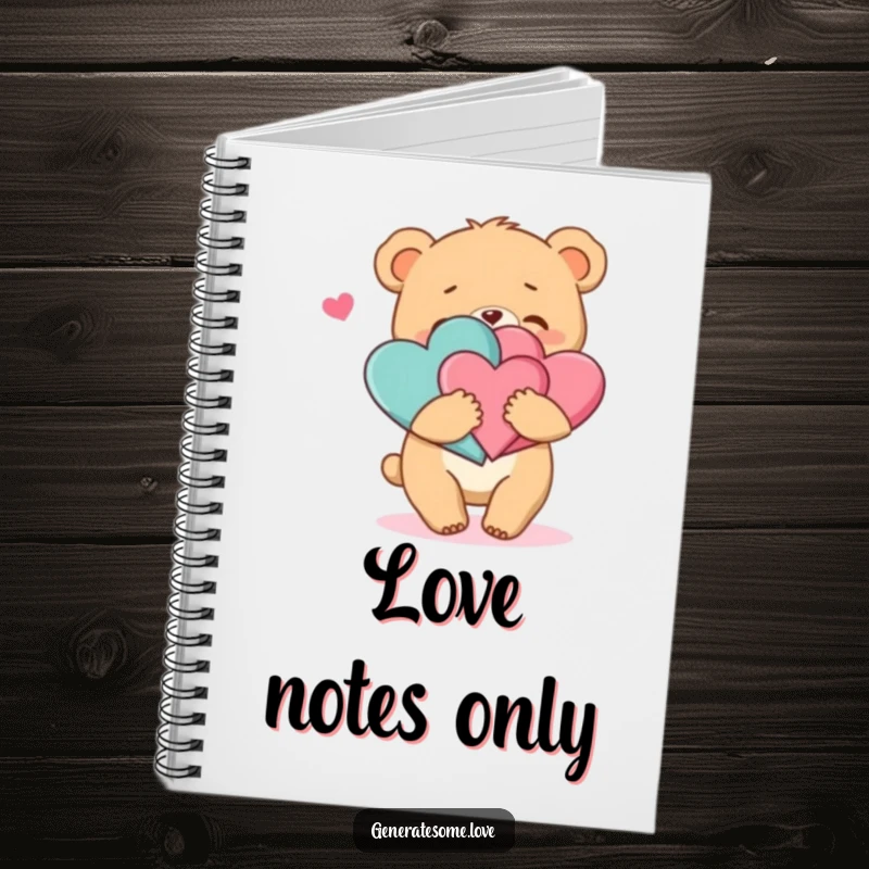 Funny notebook with a bear cub character hugging two intertwined hearts, perfect for jotting down sweet thoughts and ideas.