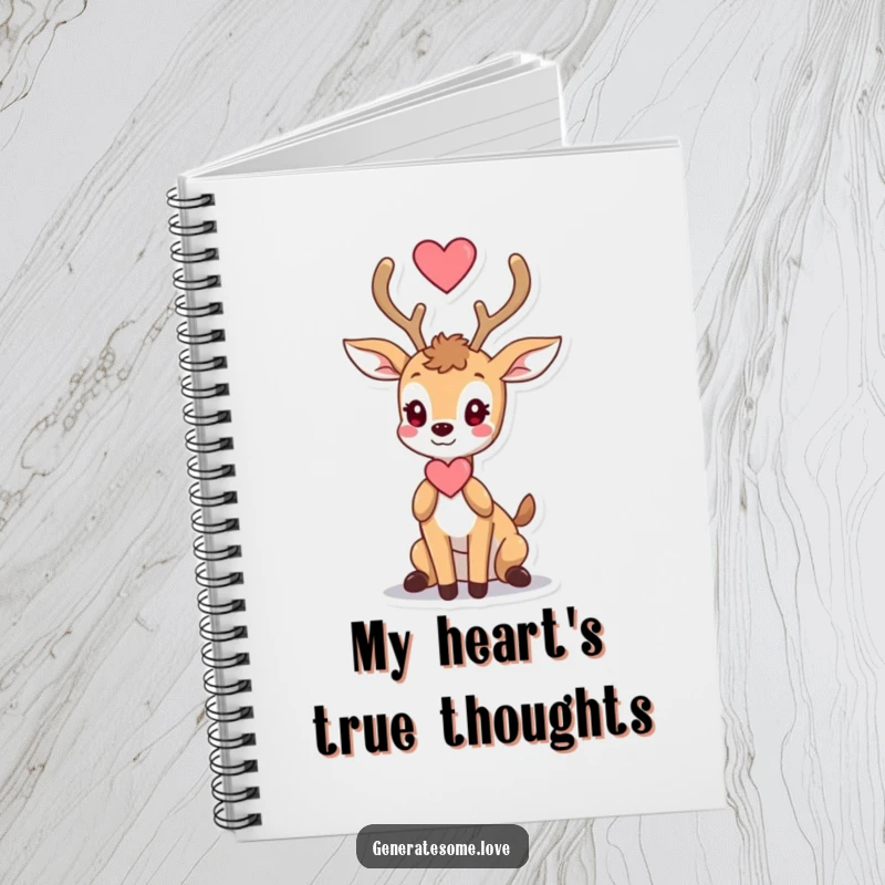 Funny notebook with a graceful deer character offering a heart with its antlers, ideal for journaling love.