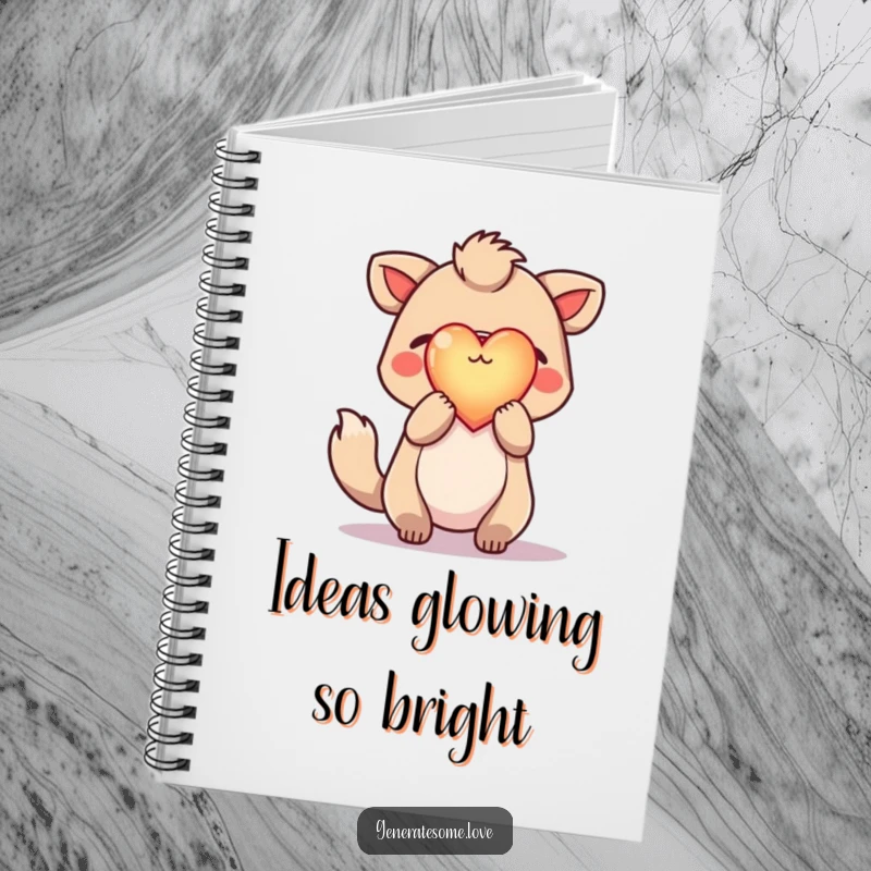 Funny notebook featuring a hopeful animal character holding a luminous, glowing heart aloft, ideal for jotting down inspired thoughts.
