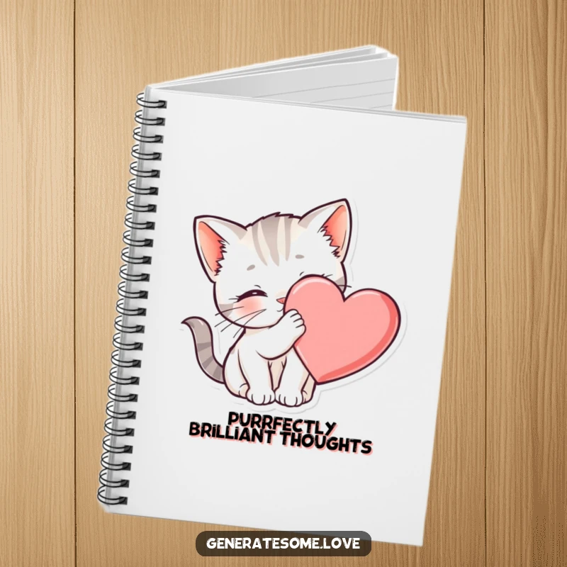 Funny kitten notebook nuzzling a heart, perfect for writing and drawing, a cute gift.