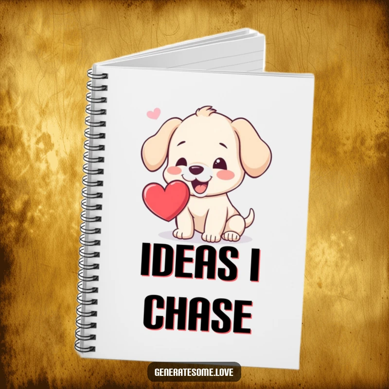 Funny notebook with a cheerful puppy trying to catch a floating heart, ideal for jotting down notes and dog-inspired thoughts.