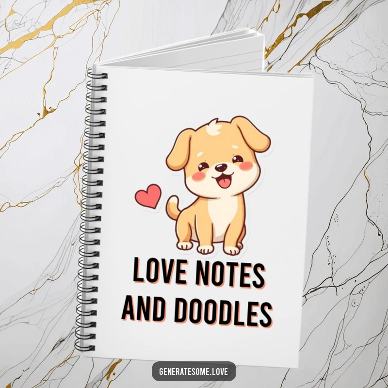 Funny Notebook featuring a happy dog with a wagging tail and a heart, ideal for jotting down cheerful thoughts and plans.