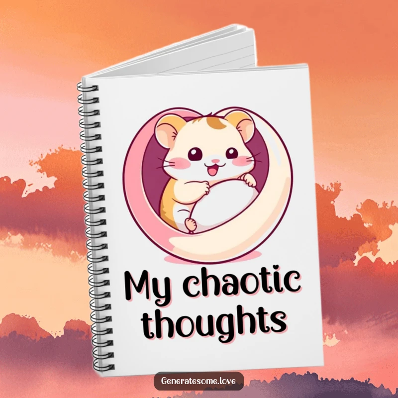 Funny notebook with a kawaii hamster comically rolling inside a heart-shaped ball, ideal for writing, drawing, and jotting down fun ideas.