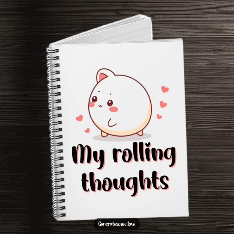 Funny notebook with a small, round animal character rolling and leaving a heart trail, ideal for jotting down notes and creative thoughts.