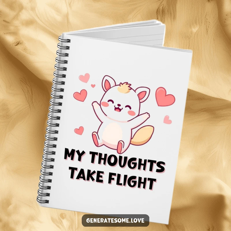 Funny notebook featuring a whimsical animal character in a bouncy jump with hearts, designed for capturing notes with playful inspiration.