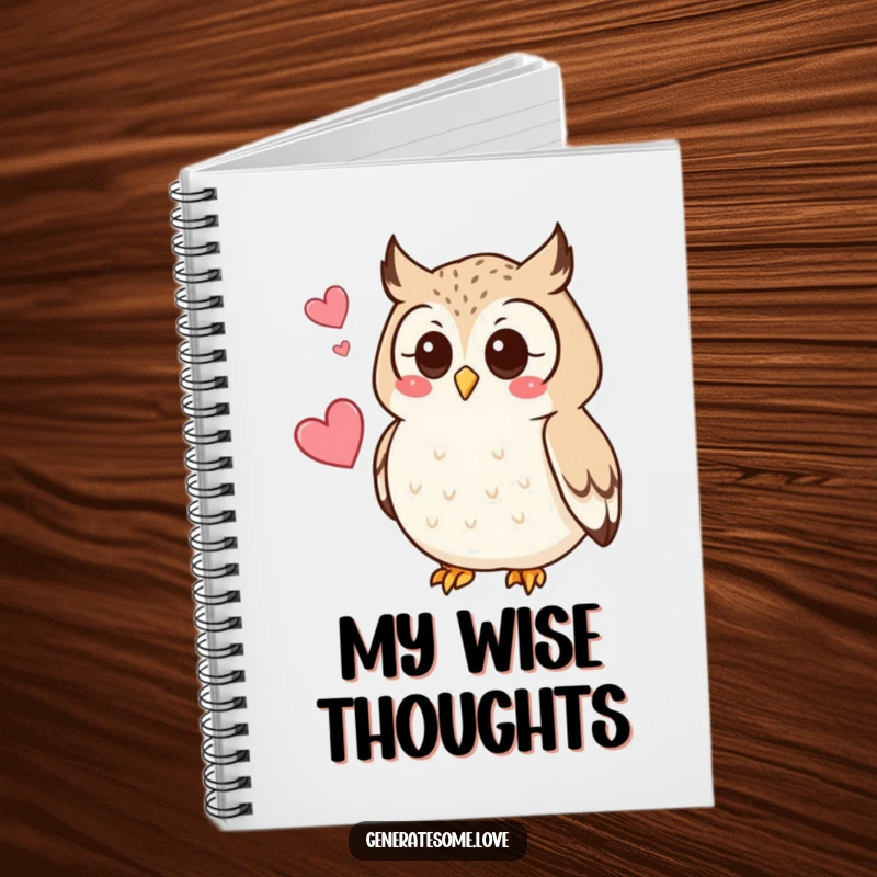 Funny notebook with a curious owl character hooting softly, a heart hovering nearby, ideal for journaling wisdom.