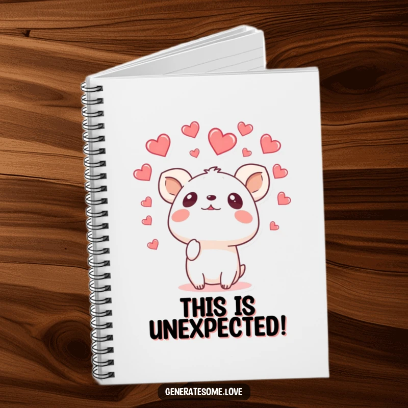 Funny notebook featuring a surprised animal character looking up as hearts rain down, ideal for jotting down thoughts with whimsical wonder.