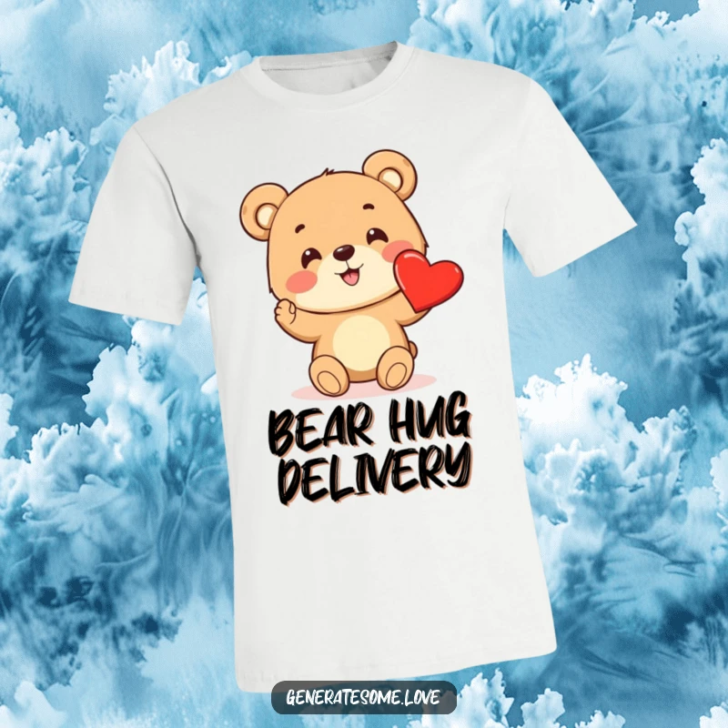 Funny t-shirt with a cheerful bear cub excitedly presenting a vibrant red heart, radiating love and sweetness.