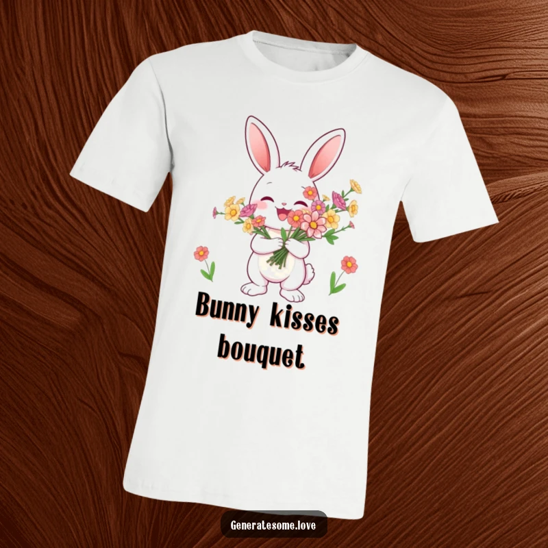 Funny bunny t-shirt joyfully holding a large bouquet of flowers, conveying cheerfulness and a love for nature, cute gift.