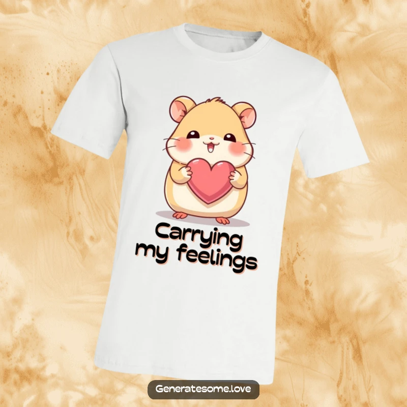 Funny t-shirt with a giggling hamster character holding a heart with its tiny paws, radiating pure sweetness.
